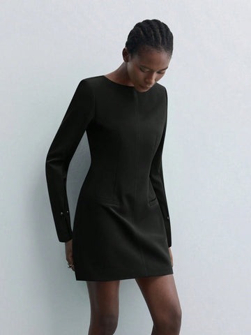 Maija Women Green Small Boat Neck Padded Shoulder Long Sleeve Elegant Solid Color Cinched Waist Short Dress, Autumn/Winter