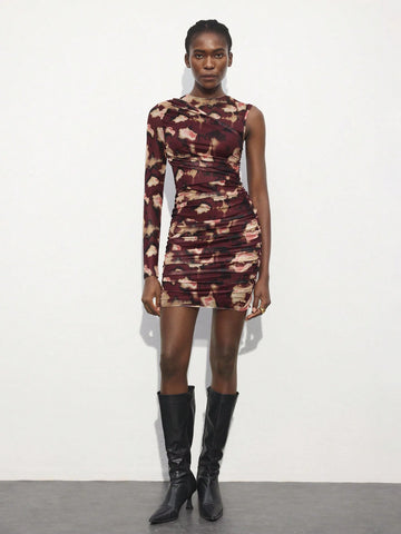 Maija Women One-Shoulder Bodycon Mini Dress, Long Sleeve Casual Everyday Wear