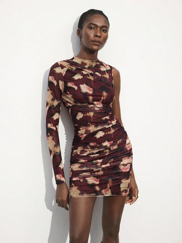 Maija Women One-Shoulder Bodycon Mini Dress, Long Sleeve Casual Everyday Wear