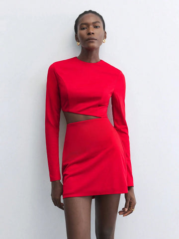Maija Women Red Elegant Hollow-Out Crew Neck Long Sleeve Christmas Party Versatile Mini Dress, Autumn/Winter