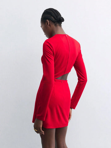 Maija Women Red Elegant Hollow-Out Crew Neck Long Sleeve Christmas Party Versatile Mini Dress, Autumn/Winter