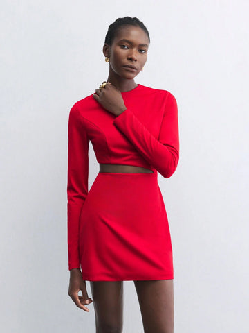 Maija Women Red Elegant Hollow-Out Crew Neck Long Sleeve Christmas Party Versatile Mini Dress, Autumn/Winter