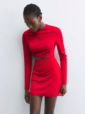 Maija Women Red Elegant Hollow-Out Crew Neck Long Sleeve Christmas Party Versatile Mini Dress, Autumn/Winter