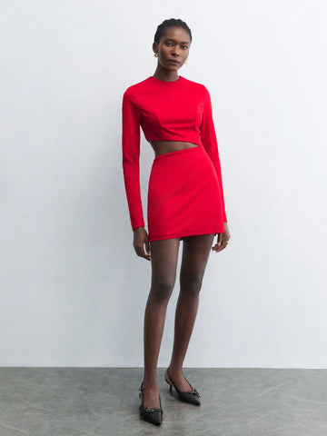 Maija Women Red Elegant Hollow-Out Crew Neck Long Sleeve Christmas Party Versatile Mini Dress, Autumn/Winter