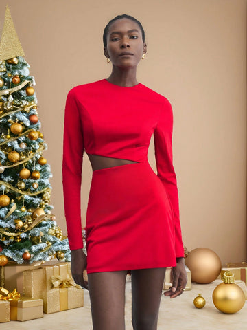 Maija Women Red Elegant Hollow-Out Crew Neck Long Sleeve Christmas Party Versatile Mini Dress, Autumn/Winter