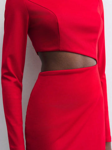 Maija Women Red Elegant Hollow-Out Crew Neck Long Sleeve Christmas Party Versatile Mini Dress, Autumn/Winter