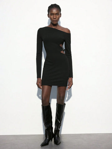 Maija Women Solid Color Asymmetric Neckline Side Cutout Fashionable Mini Dress, For Autumn