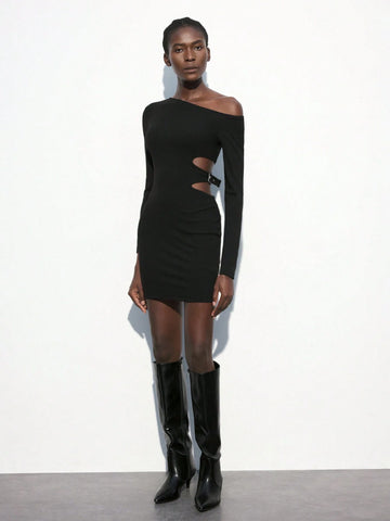 Maija Women Solid Color Asymmetric Neckline Side Cutout Fashionable Mini Dress, For Autumn