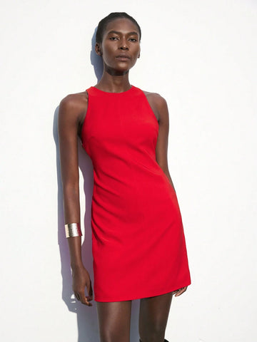 Maija Women Solid Color Crew Neck Sleeveless Casual Short Dress