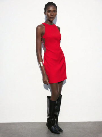 Maija Women Solid Color Crew Neck Sleeveless Casual Short Dress