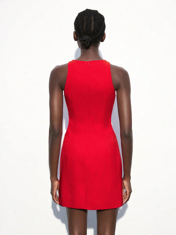 Maija Women Solid Color Crew Neck Sleeveless Casual Short Dress