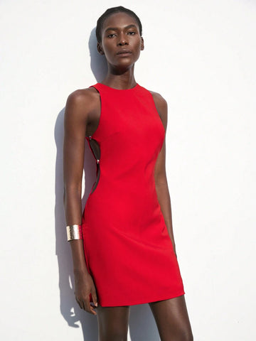 Maija Women Solid Color Crew Neck Sleeveless Casual Short Dress