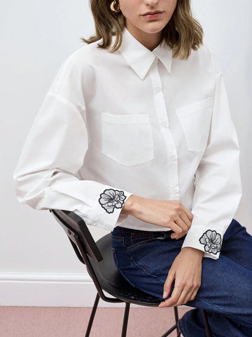 Maija Women Solid Color Drop Shoulder Long Sleeve Single-Breasted Pocket Shirt