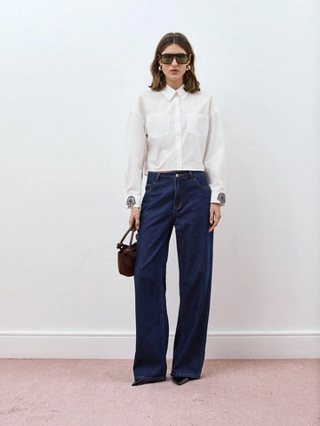 Maija Women Solid Color Drop Shoulder Long Sleeve Single-Breasted Pocket Shirt