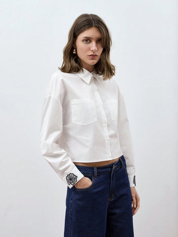 Maija Women Solid Color Drop Shoulder Long Sleeve Single-Breasted Pocket Shirt