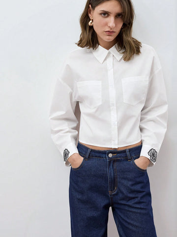 Maija Women Solid Color Drop Shoulder Long Sleeve Single-Breasted Pocket Shirt