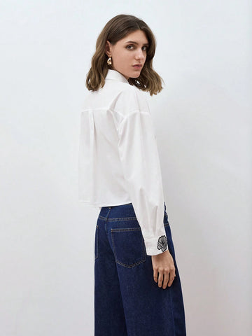 Maija Women Solid Color Drop Shoulder Long Sleeve Single-Breasted Pocket Shirt