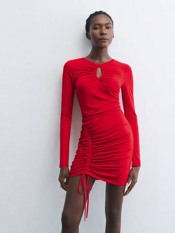 Maija Women Solid Color Hollow Pleated Drawstring Long Sleeve Short Dress