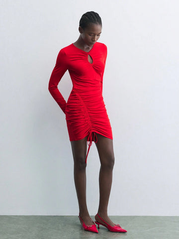 Maija Women Solid Color Hollow Pleated Drawstring Long Sleeve Short Dress