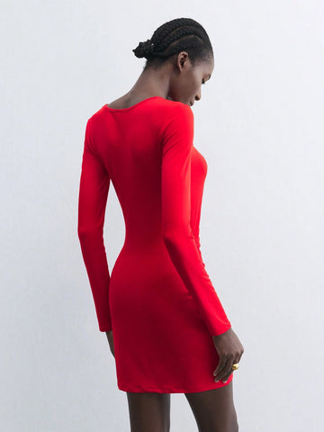 Maija Women Solid Color Hollow Pleated Drawstring Long Sleeve Short Dress