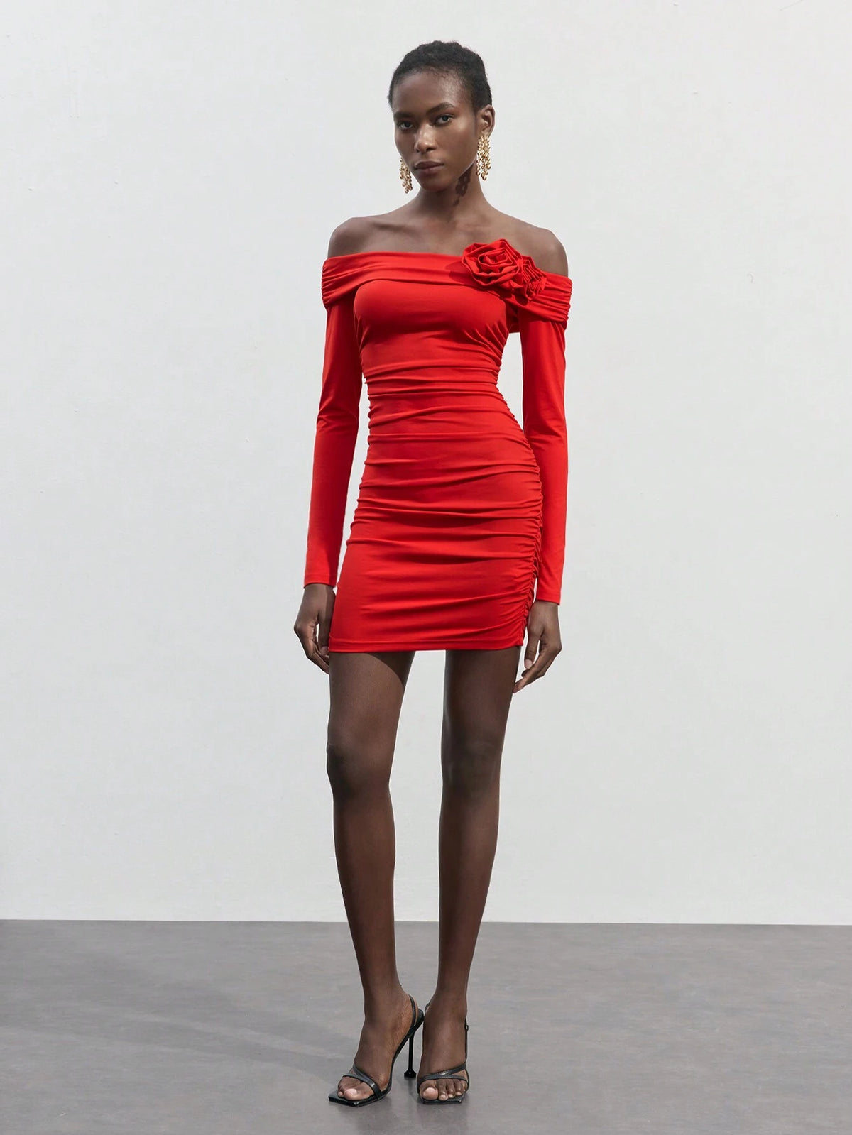 Maija Women Solid Color Pleated Off The Shoulder Floral Embroidered Long Sleeve Short Dress