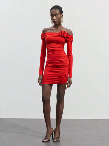 Maija Women Solid Color Pleated Off The Shoulder Floral Embroidered Long Sleeve Short Dress