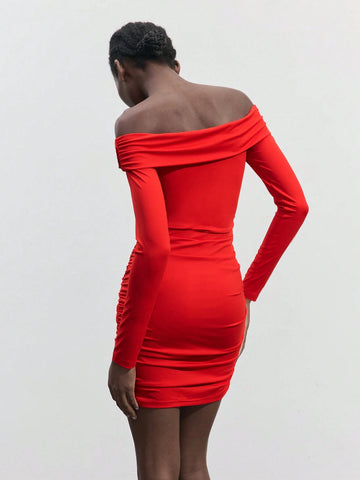 Maija Women Solid Color Pleated Off The Shoulder Floral Embroidered Long Sleeve Short Dress