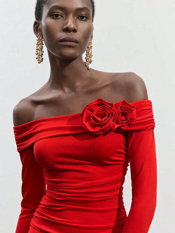 Maija Women Solid Color Pleated Off The Shoulder Floral Embroidered Long Sleeve Short Dress