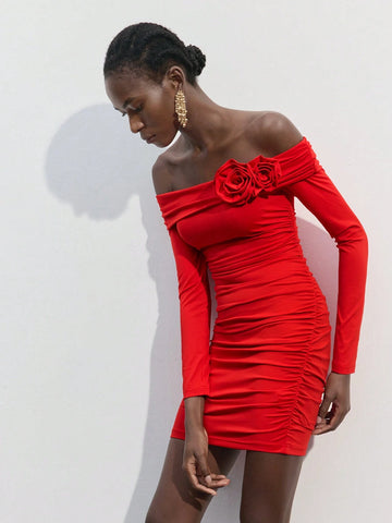 Maija Women Solid Color Pleated Off The Shoulder Floral Embroidered Long Sleeve Short Dress