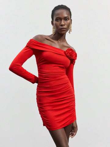 Maija Women Solid Color Pleated Off The Shoulder Floral Embroidered Long Sleeve Short Dress