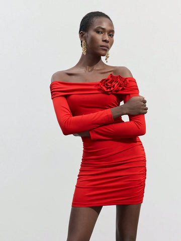 Maija Women Solid Color Pleated Off The Shoulder Floral Embroidered Long Sleeve Short Dress