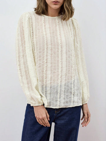 Maija Women Solid Color Round Neck Long Sleeve Casual Blouse