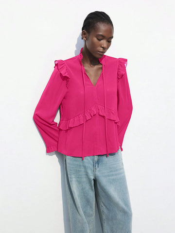 Maija Women Solid Color Ruffle Trim Elegant Long Sleeve Blouse For Autumn
