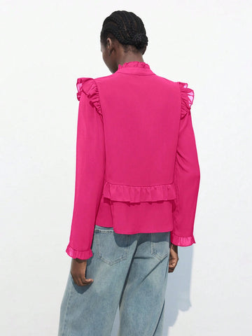 Maija Women Solid Color Ruffle Trim Elegant Long Sleeve Blouse For Autumn