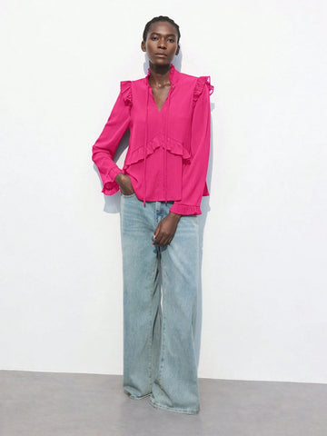 Maija Women Solid Color Ruffle Trim Elegant Long Sleeve Blouse For Autumn