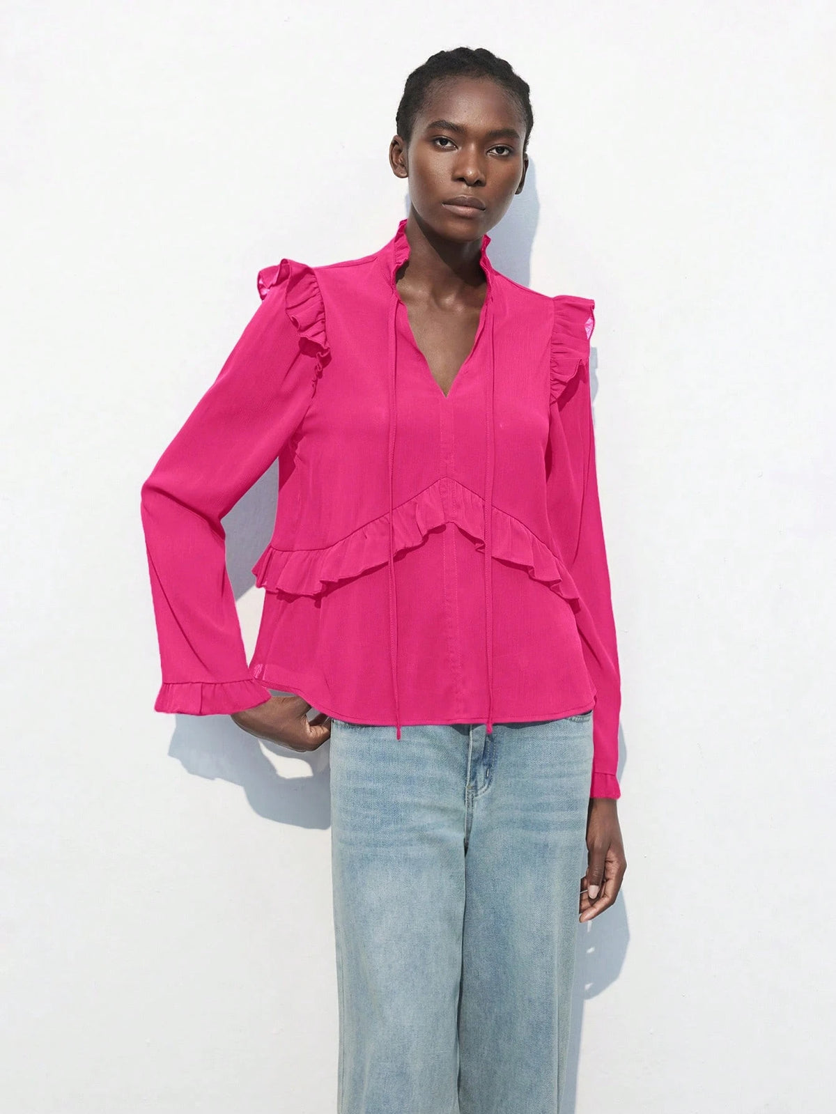 Maija Women Solid Color Ruffle Trim Elegant Long Sleeve Blouse For Autumn