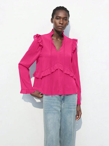 Maija Women Solid Color Ruffle Trim Elegant Long Sleeve Blouse For Autumn
