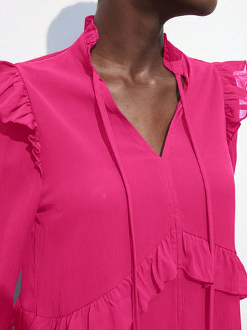 Maija Women Solid Color Ruffle Trim Elegant Long Sleeve Blouse For Autumn