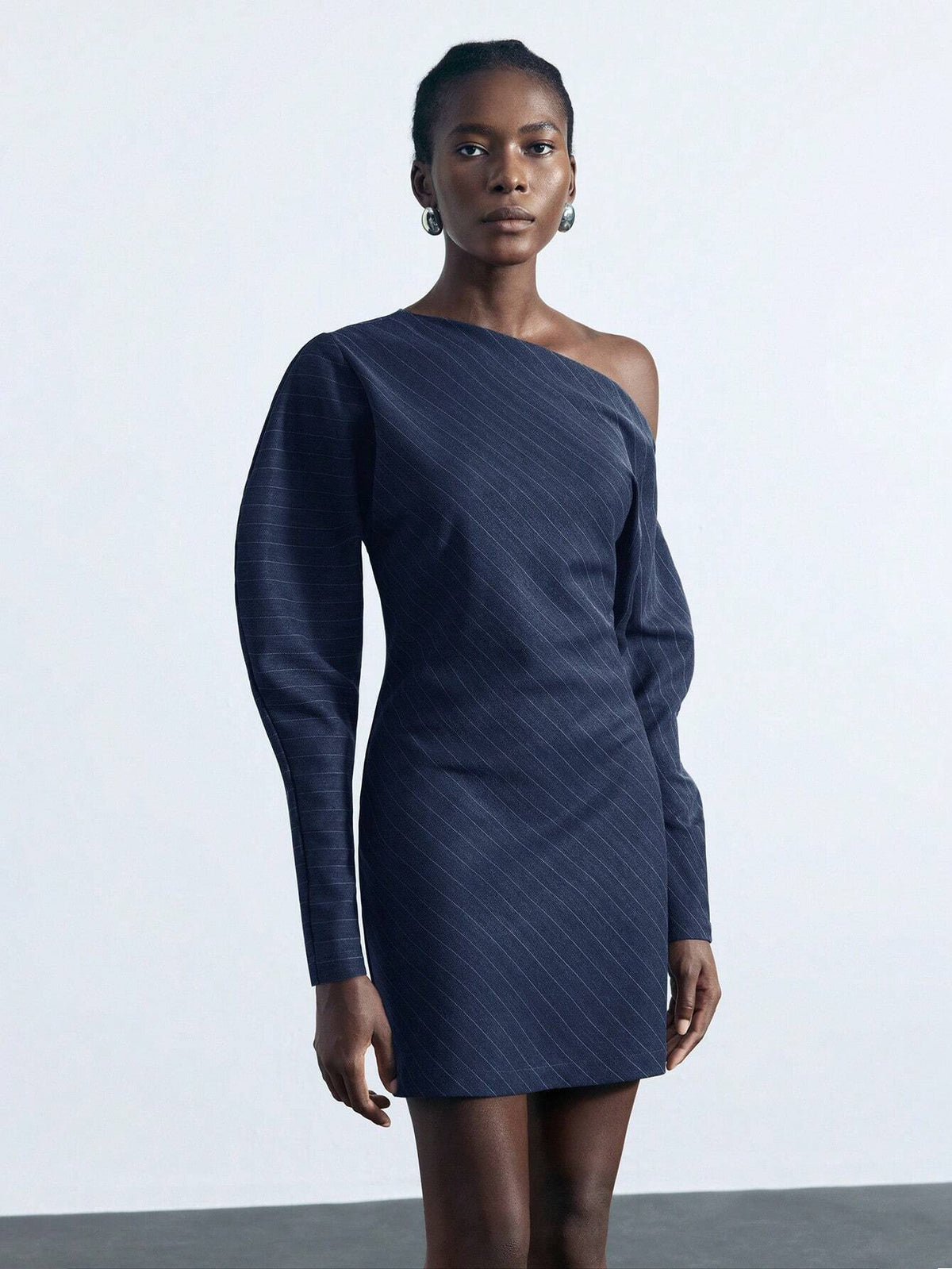 Maija Women Striped Print Asymmetrical Neck Long Sleeve Mini Dress