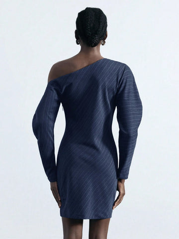 Maija Women Striped Print Asymmetrical Neck Long Sleeve Mini Dress