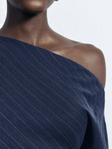 Maija Women Striped Print Asymmetrical Neck Long Sleeve Mini Dress