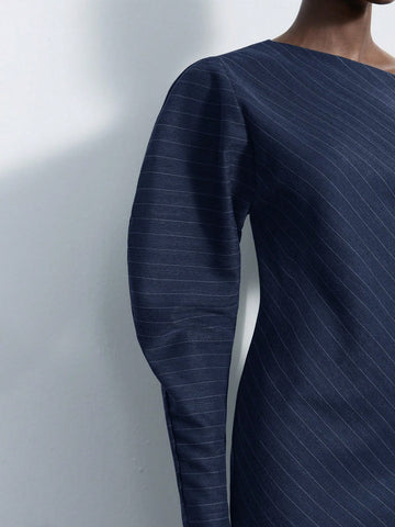 Maija Women Striped Print Asymmetrical Neck Long Sleeve Mini Dress