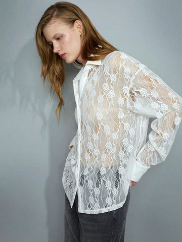 Maija Women's 4-Season Versatile Modern Comfortable White Lace Loose Drop Shoulder Blouse