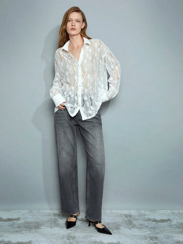 Maija Women's 4-Season Versatile Modern Comfortable White Lace Loose Drop Shoulder Blouse