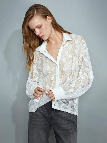 Maija Women's 4-Season Versatile Modern Comfortable White Lace Loose Drop Shoulder Blouse