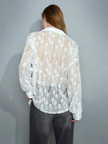 Maija Women's 4-Season Versatile Modern Comfortable White Lace Loose Drop Shoulder Blouse