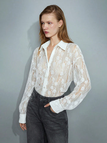 Maija Women's 4-Season Versatile Modern Comfortable White Lace Loose Drop Shoulder Blouse