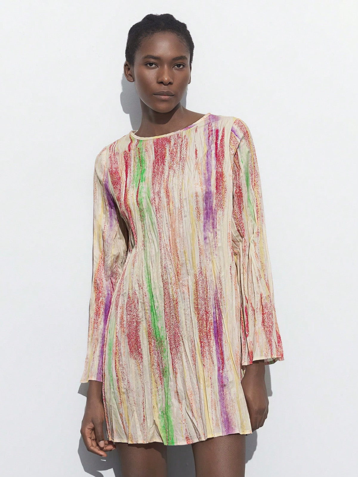 Maija Women's Apricot Print Crew Neck Button Decoration Asymmetrical Ruffle Long Sleeve Simple Short Dress, All-Match Style For Autumn/Winter