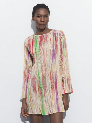 Maija Women's Apricot Print Crew Neck Button Decoration Asymmetrical Ruffle Long Sleeve Simple Short Dress, All-Match Style For Autumn/Winter