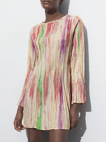 Maija Women's Apricot Print Crew Neck Button Decoration Asymmetrical Ruffle Long Sleeve Simple Short Dress, All-Match Style For Autumn/Winter